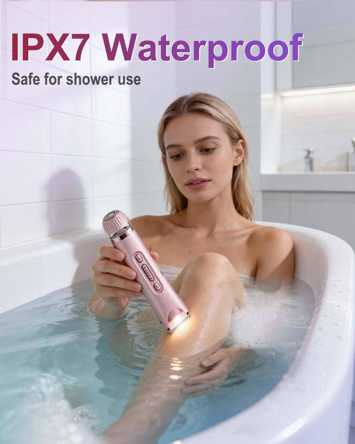 VEGITERIA trimmer used in shower demonstrating waterproof easy-clean benefit