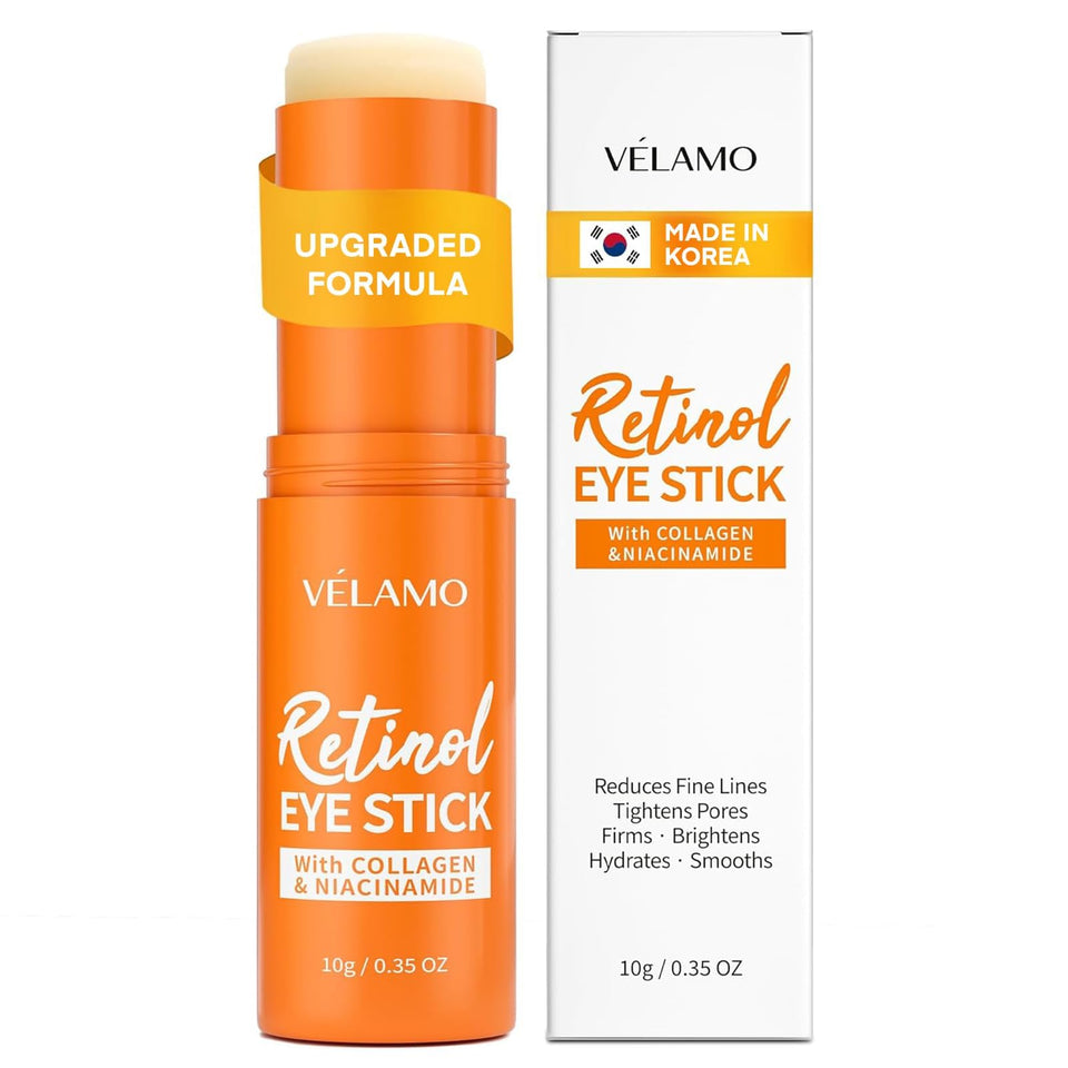 VELAMO ADVANCED front packaging of the retinol under eye balm stick showing compact travel benefit