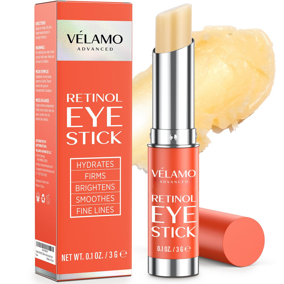 VELAMO ADVANCED front packaging showing compact travel stick and benefits