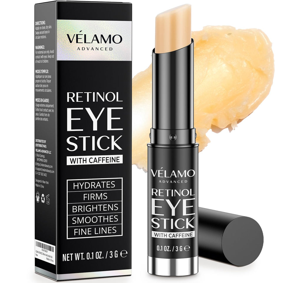 VELAMO ADVANCED front packaging showing compact travel-ready eye stick benefit precision