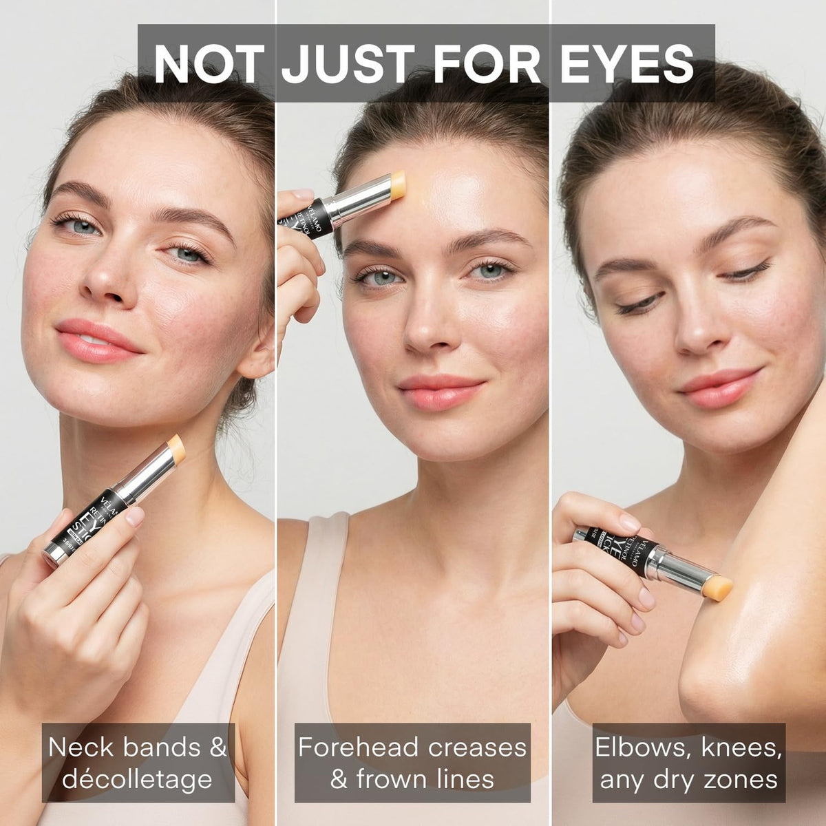 VELAMO ADVANCED beside sunscreen in travel kit suggesting on-the-go anti-aging benefit