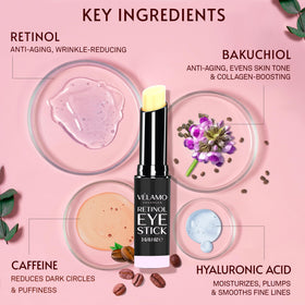 VELAMO ADVANCED product label showing ingredients like retinol and caffeine