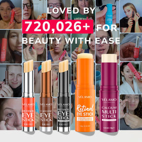 VELAMO ADVANCED on bathroom counter next to skincare items portraying daily routine integration