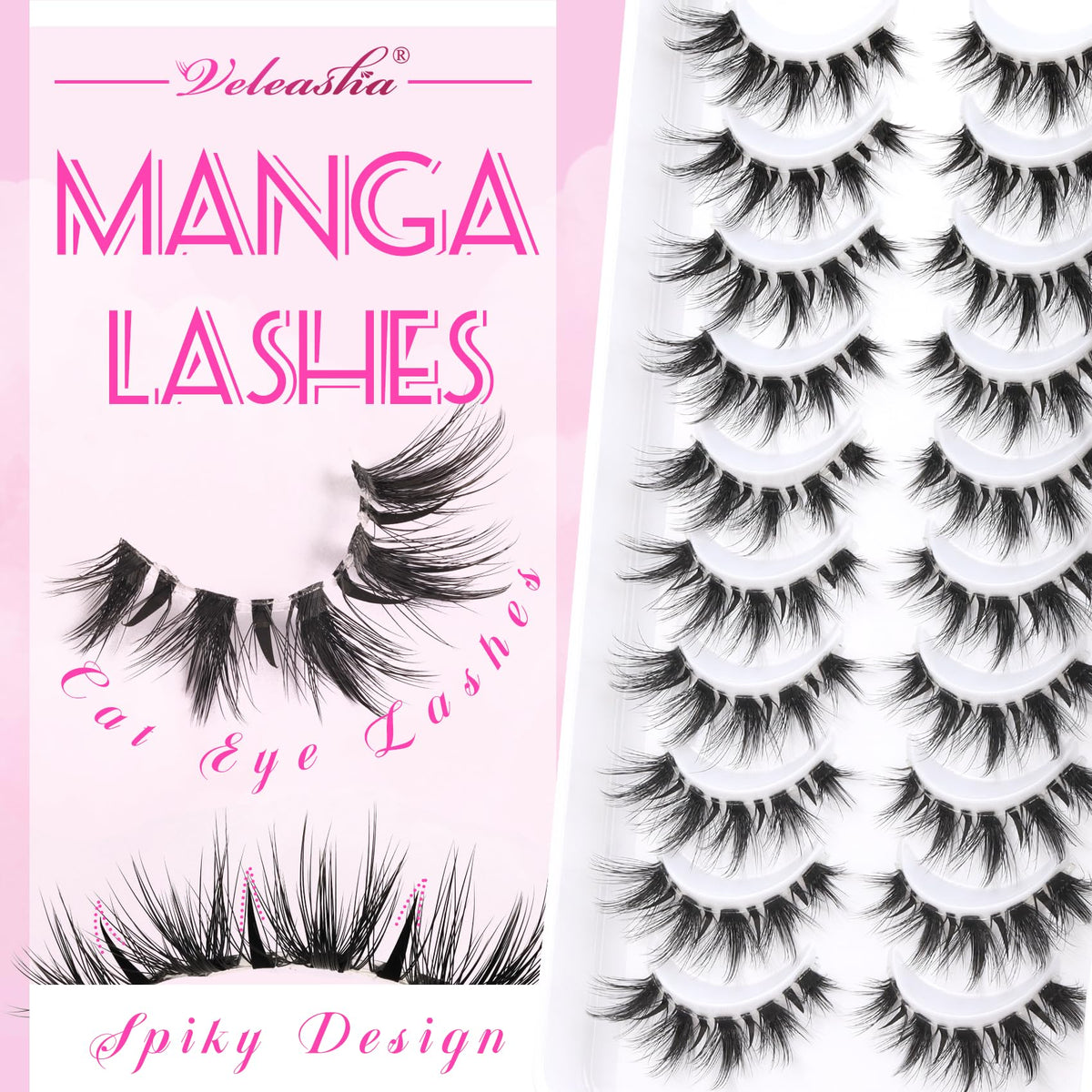 Veleasha lash length comparison showing 7–16mm graduated cat-eye effect