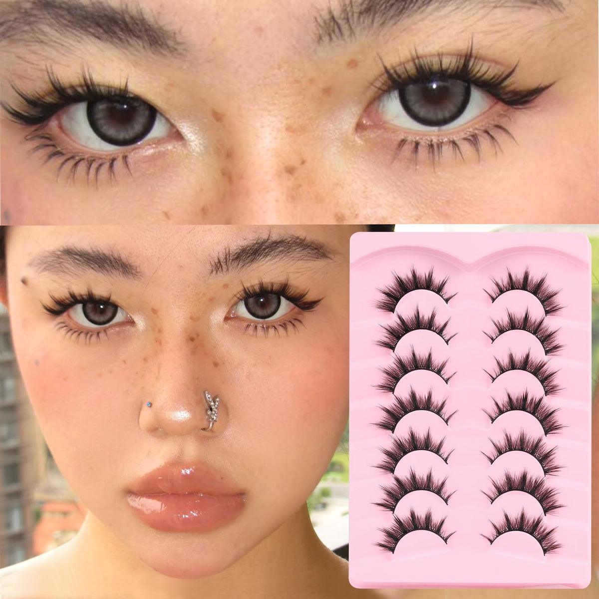 Veleasha lashes applied on eye demonstrating lifted cat-eye effect