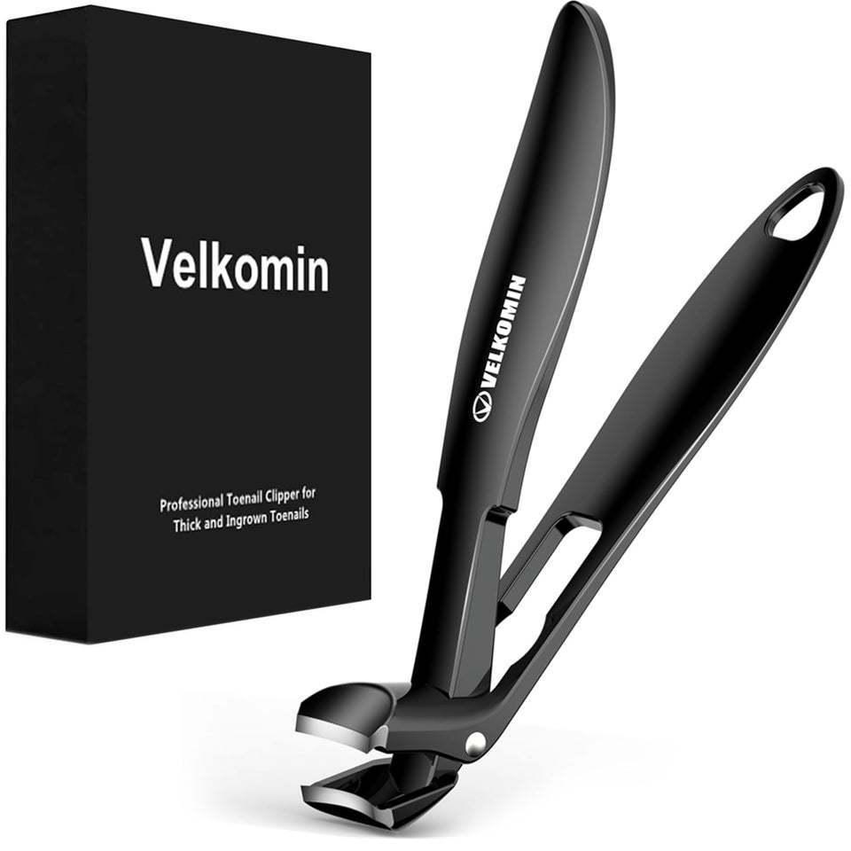 Velkomin front view of clippers showing long handle and angled head for easy trimming