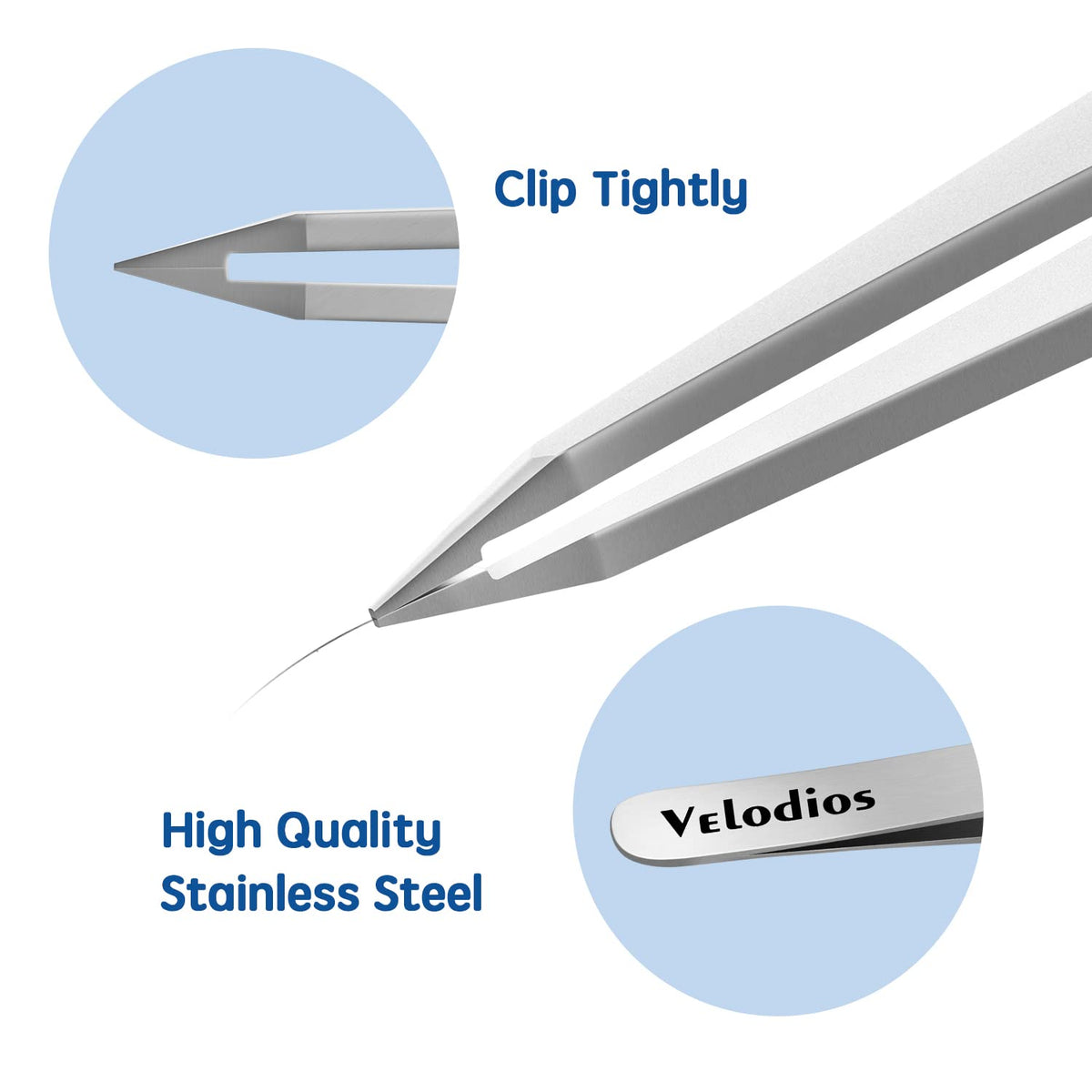 Velodios tweezer held between fingers demonstrating controlled in-use handling