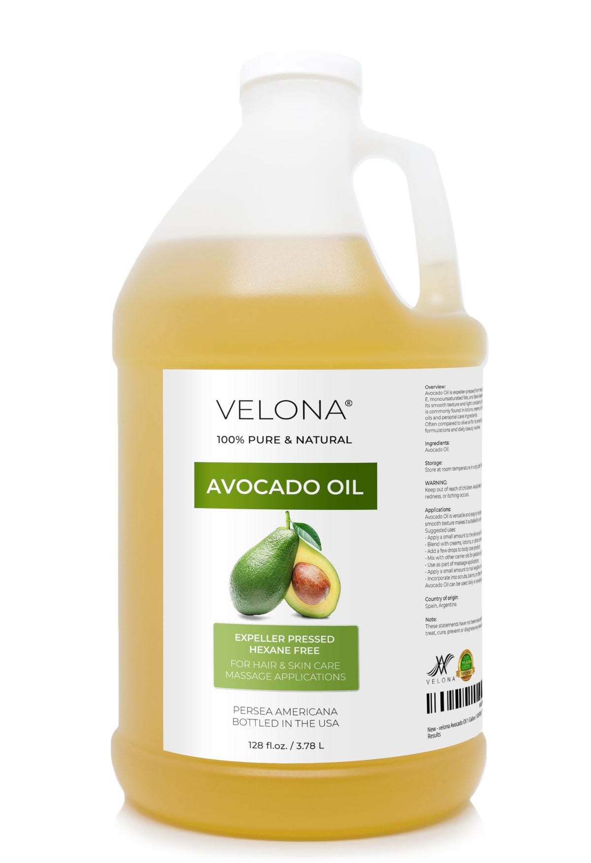 velona avocado oil gallon bottle front view showing label and packaging benefit