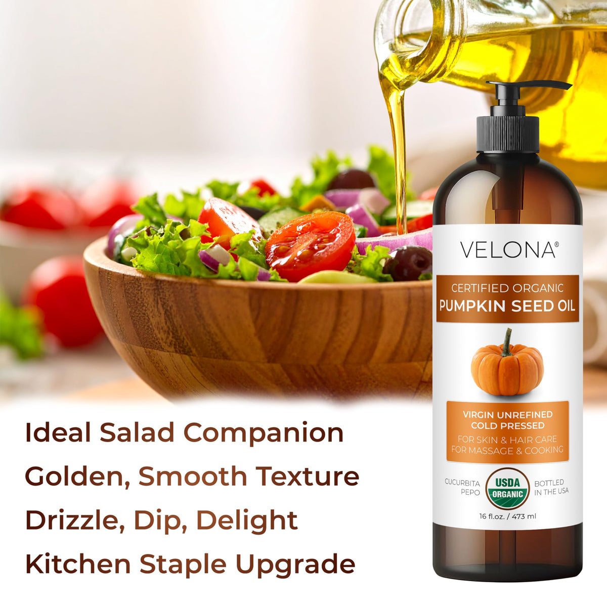 velona bottle beside pumpkin seeds illustrating source and natural origin