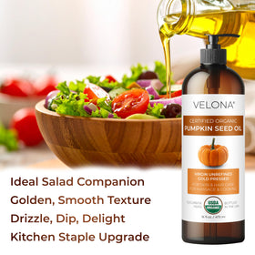 velona bottle beside pumpkin seeds illustrating source and natural origin