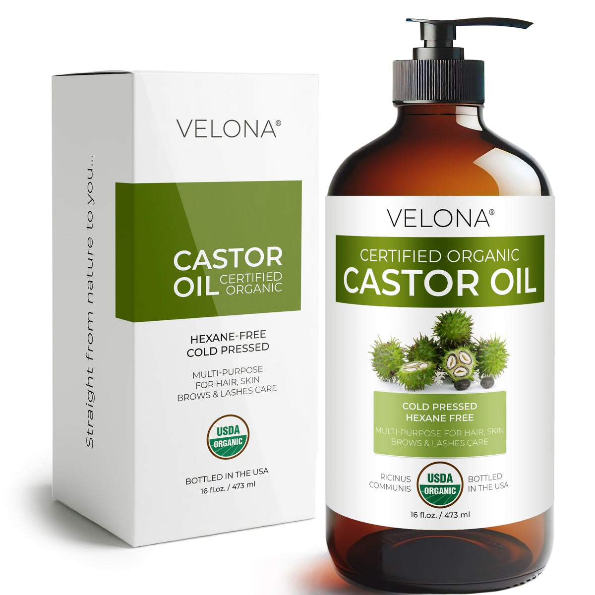 velona glass bottle front view shows organic seal and clean packaging benefit