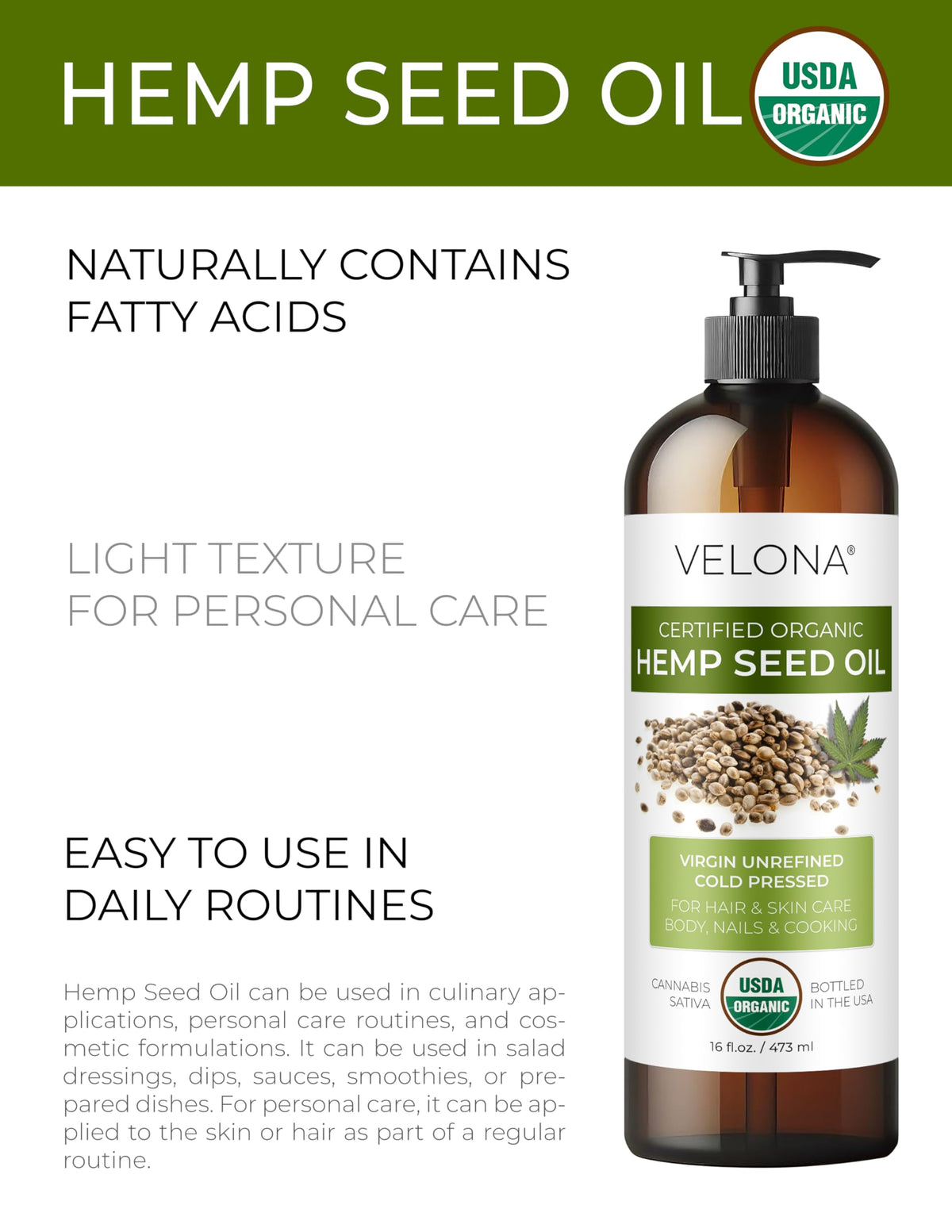 velona hemp seed oil close-up texture highlighting natural green color
