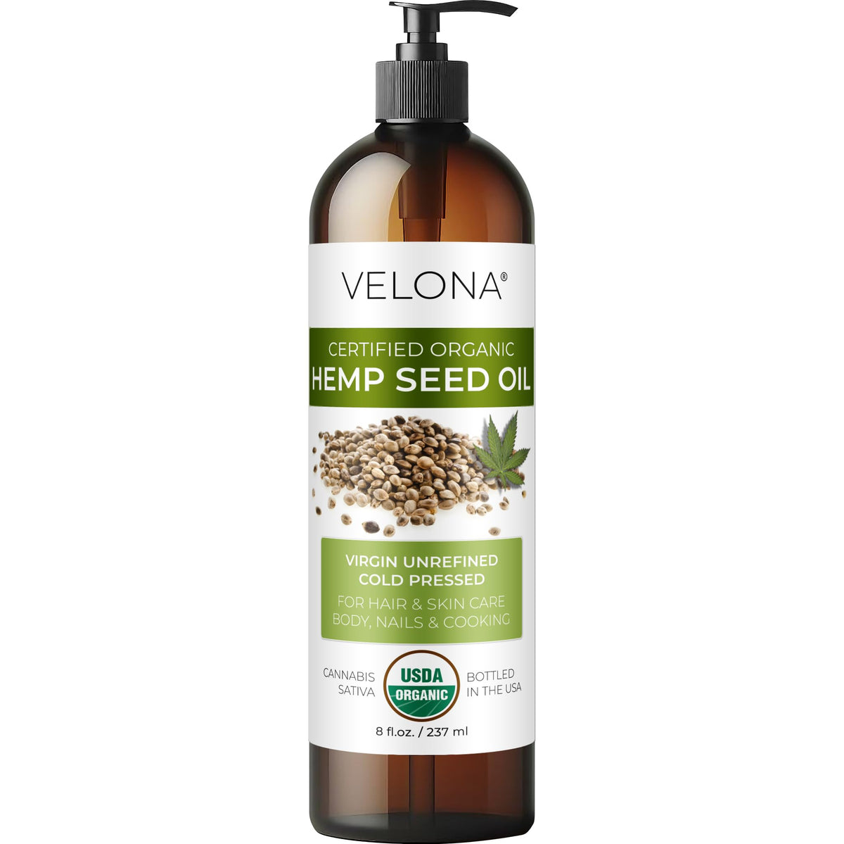 velona hemp seed oil front bottle showing organic label and volume