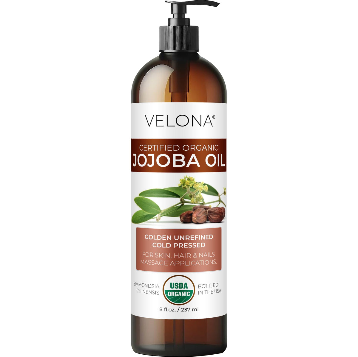 velona front packaging showing organic jojoba oil bottle and pump benefit convenience