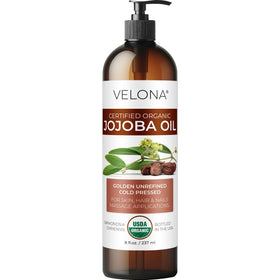 velona front packaging showing organic jojoba oil bottle and pump benefit convenience