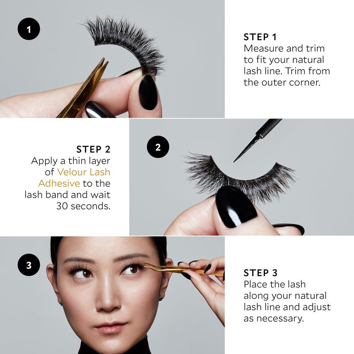 Velour application in use placing strip lash with steady hold and accuracy