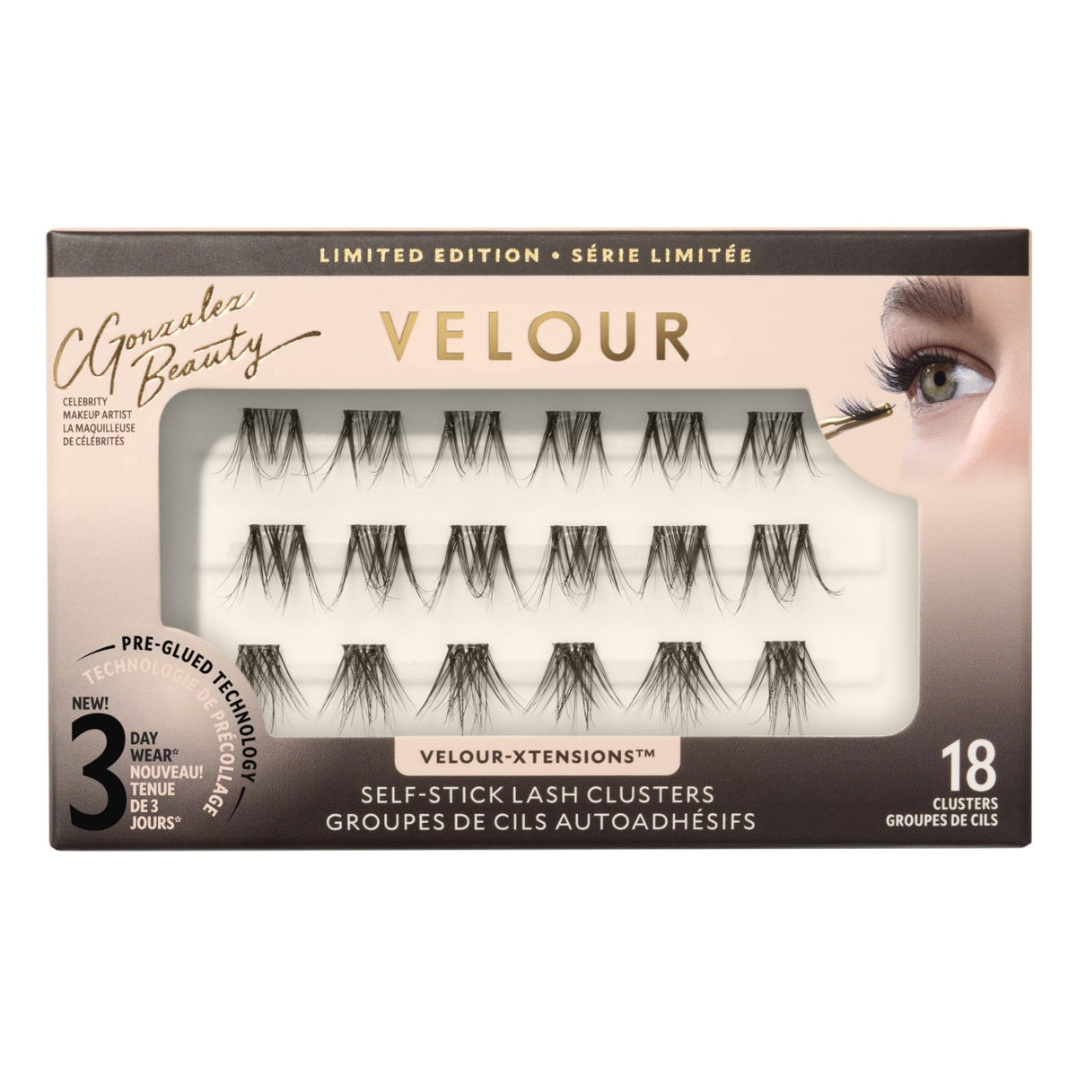 Velour x CGonzalez front packaging showing 18 self-stick clusters and quick benefits