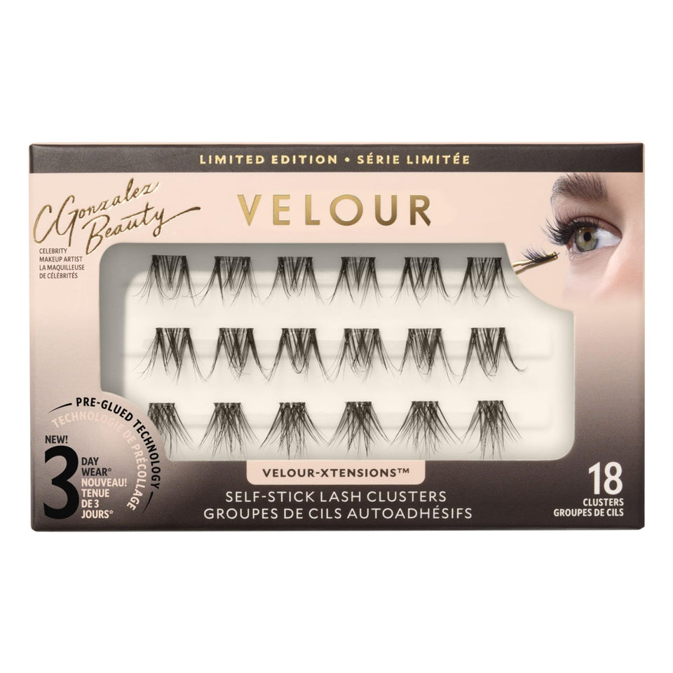 Velour x CGonzalez front packaging showing 18 self-stick clusters and quick benefits
