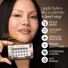 Velour detail of 18 lash clusters on tray showing adhesive bases for easy placement