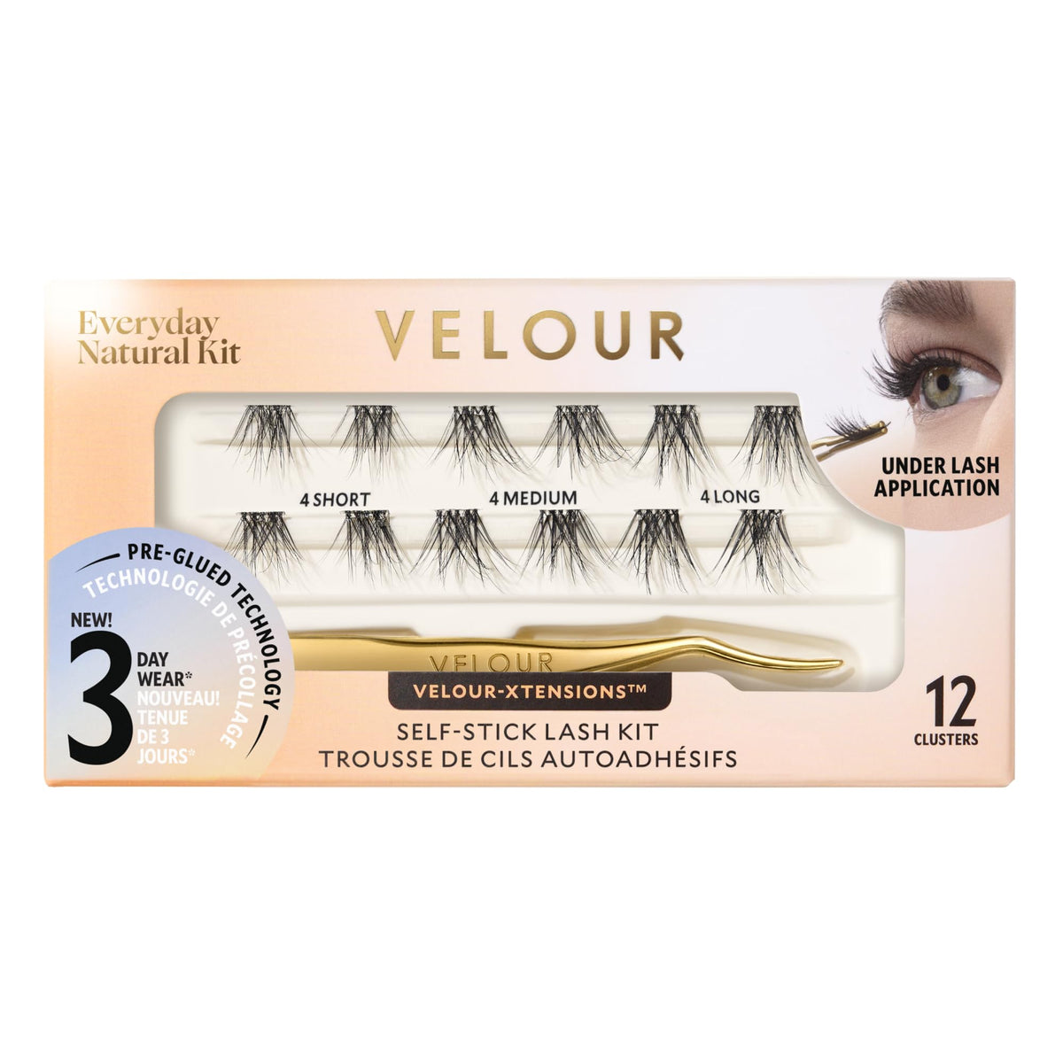 VELOUR front packaging of Velour-Xtensions kit showing components and benefit of instant application