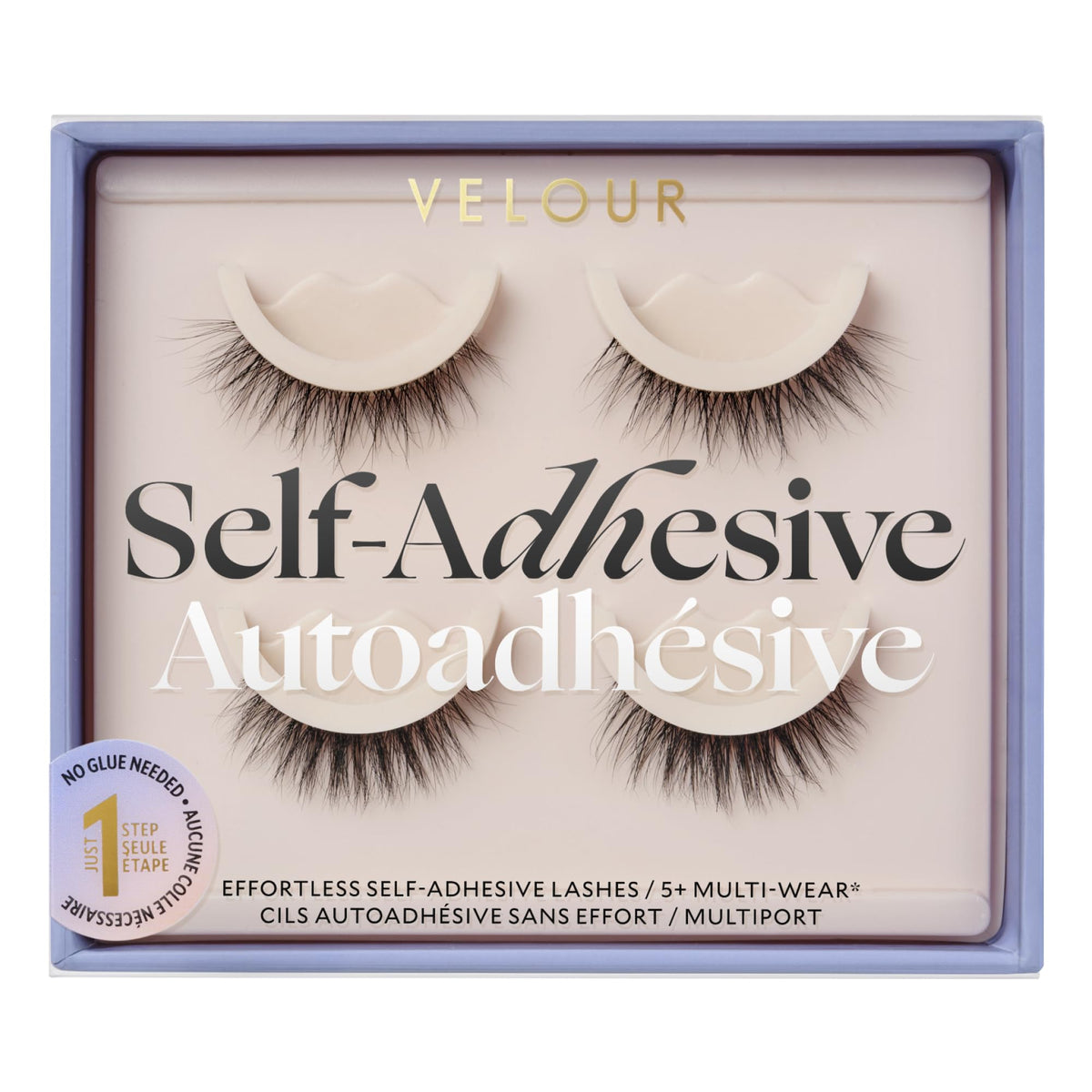 VELOUR front packaging showing two pre-glued lash styles and benefits