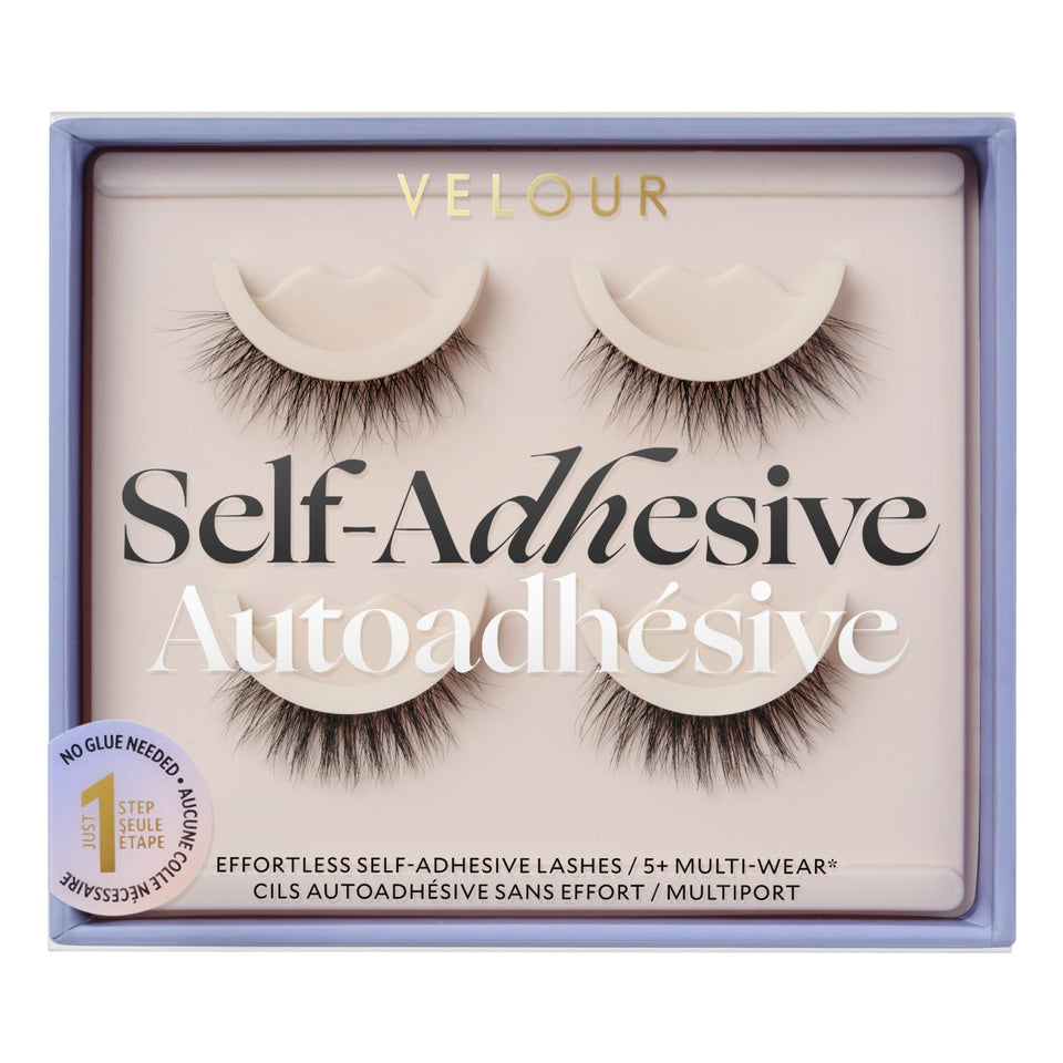 VELOUR front packaging showing two pre-glued lash styles and benefits