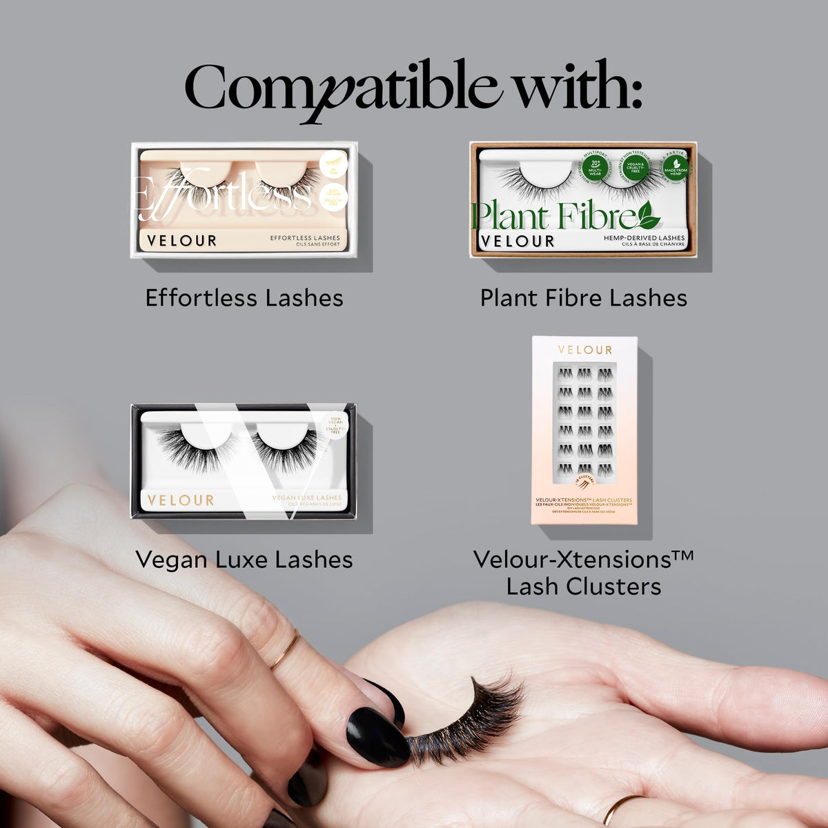 Velour lash band detail with glue highlighting reliable corner hold