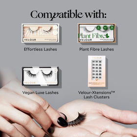Velour lash band detail with glue highlighting reliable corner hold