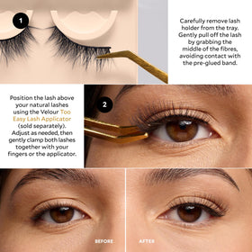 VELOUR lashes applied on eye demonstrating natural-looking volume benefit