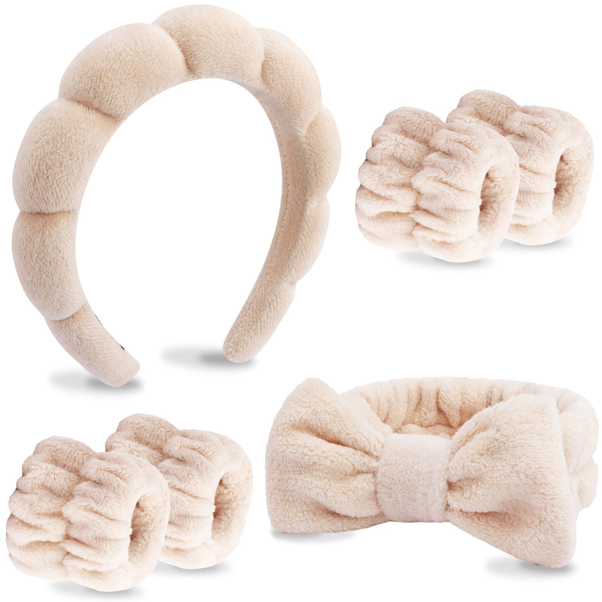 VELSCRUN front view of brown bow sponge headband and four wristbands showing neat packaging and convenience