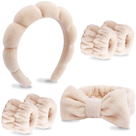 VELSCRUN front view of brown bow sponge headband and four wristbands showing neat packaging and convenience
