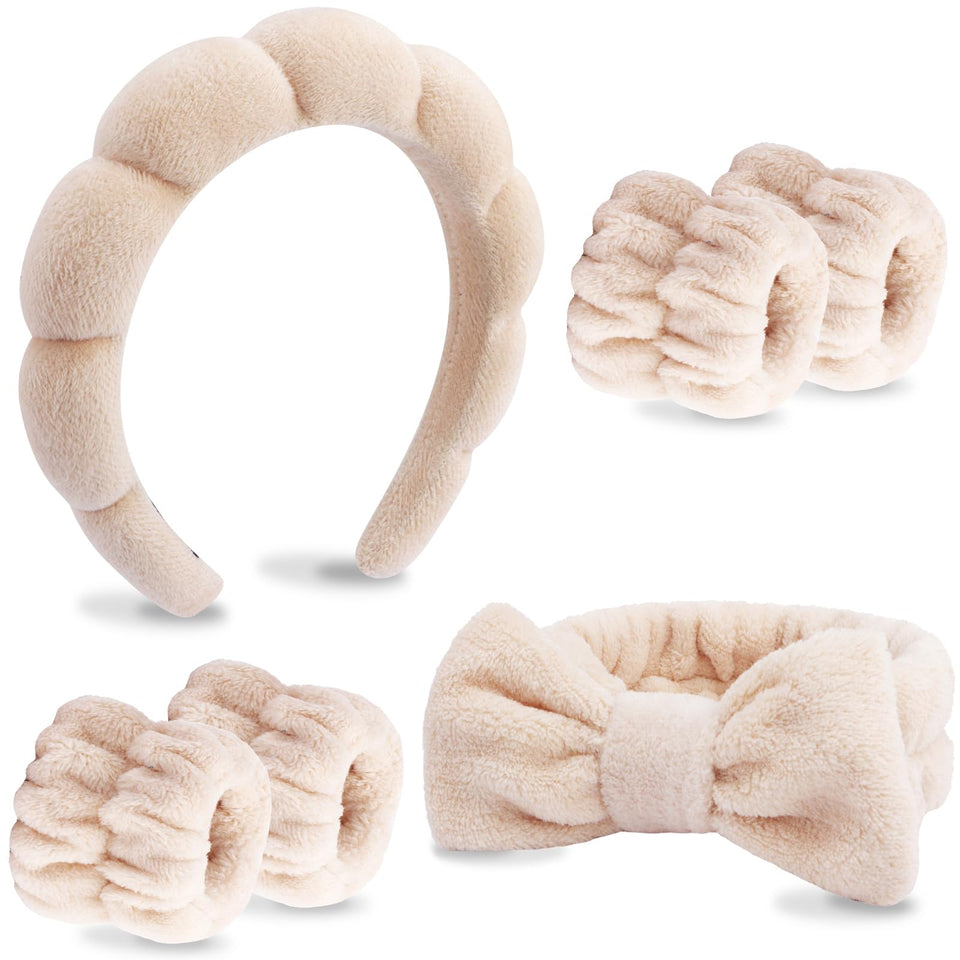 VELSCRUN front view of brown bow sponge headband and four wristbands showing neat packaging and convenience