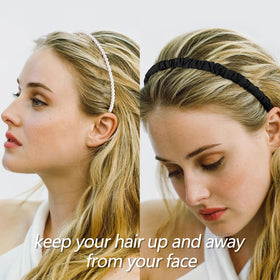 VELSCRUN headband worn by model with short hair demonstrating secure, neat hold