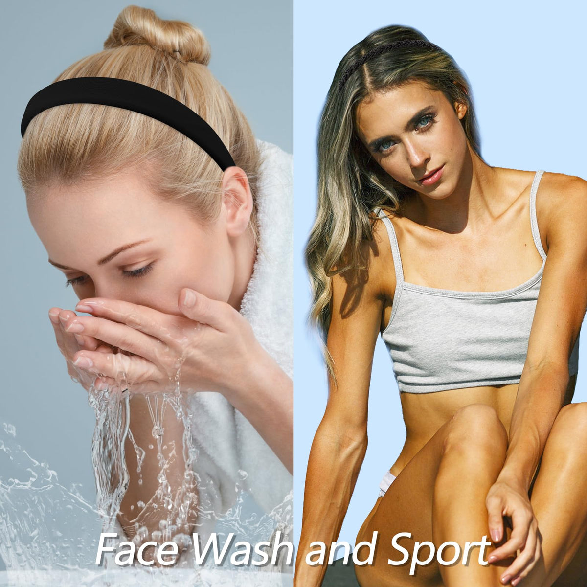 VELSCRUN headband on model with thick hair showing strong, comfortable fit