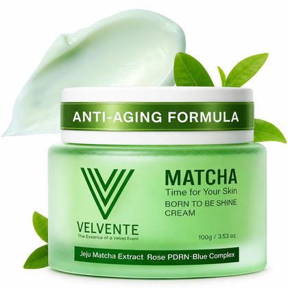 VELVENTE jar front view showing matcha cream and clean packaging benefits hydration