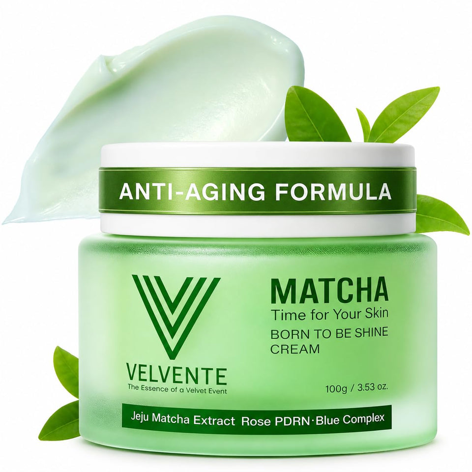 VELVENTE jar front view showing matcha cream and clean packaging benefits hydration