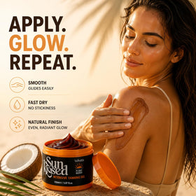 Velvetix bottle on sand at beach demonstrating outdoor tanning use and convenience