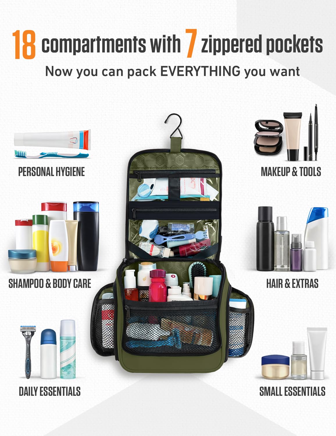 VENTURE 4TH overhead view of 18 compartments organizing bottles, brushes and razors