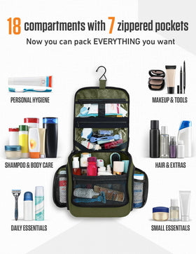 VENTURE 4TH overhead view of 18 compartments organizing bottles, brushes and razors