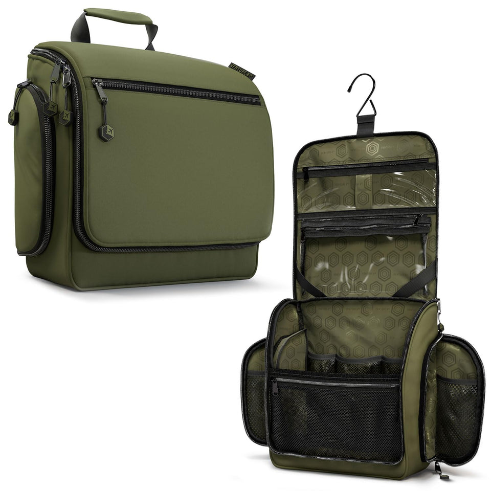 VENTURE 4TH closed forest green toiletry bag showing compact travel size and portability