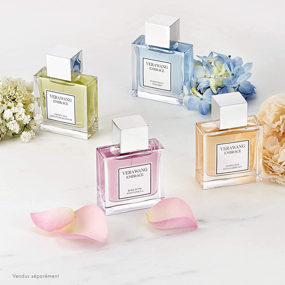 Vera Wang arranged fragrance notes display highlighting pear blossom and green tea
