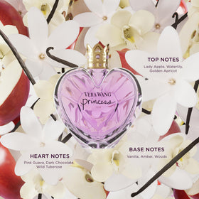 Vera Wang Princess ingredient flatlay with apple and vanilla showing scent profile