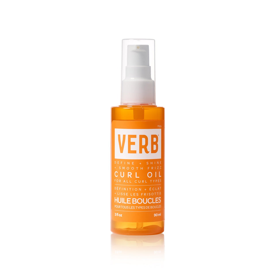 VERB Curl Oil front bottle shot showing sleek label and travel-ready size benefit