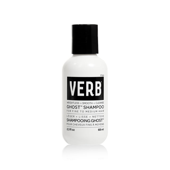 VERB Ghost Shampoo front packaging showing label and size, highlights travel-friendly benefit
