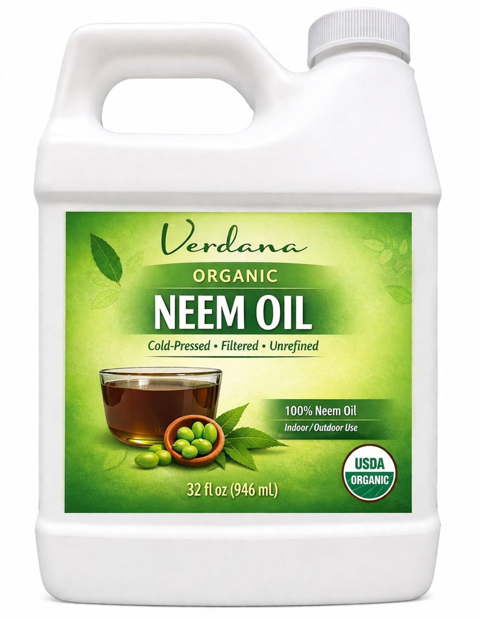 Verdana front bottle view showing organic neem oil packaging and capacity benefit