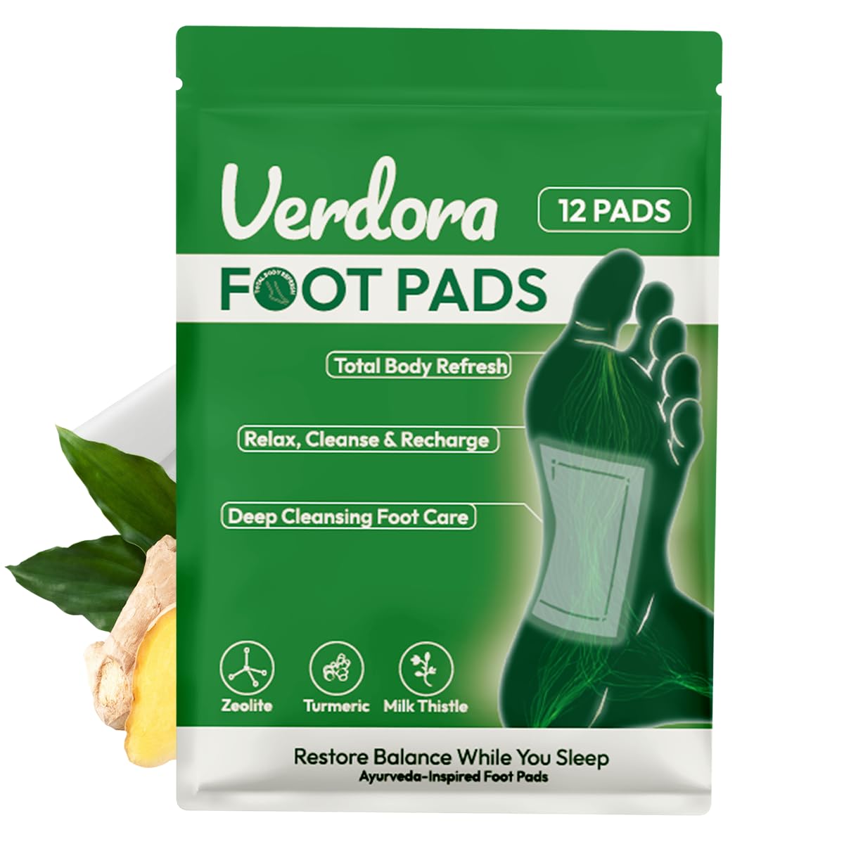 VERDORA front packaging showing adhesive foot pads and calming branding benefit