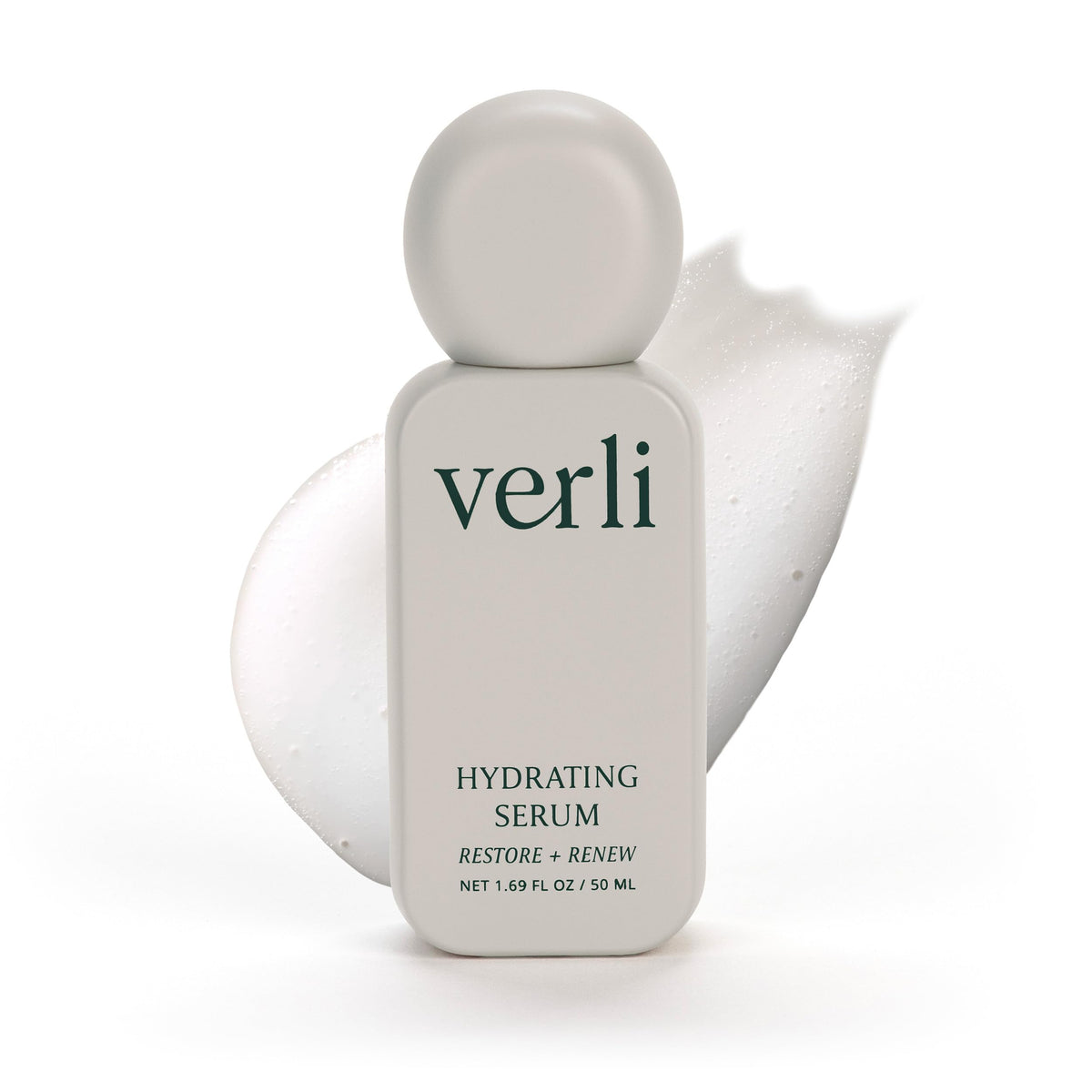Verli front packaging showing bottle and brand, highlights clean hydrating serum benefit