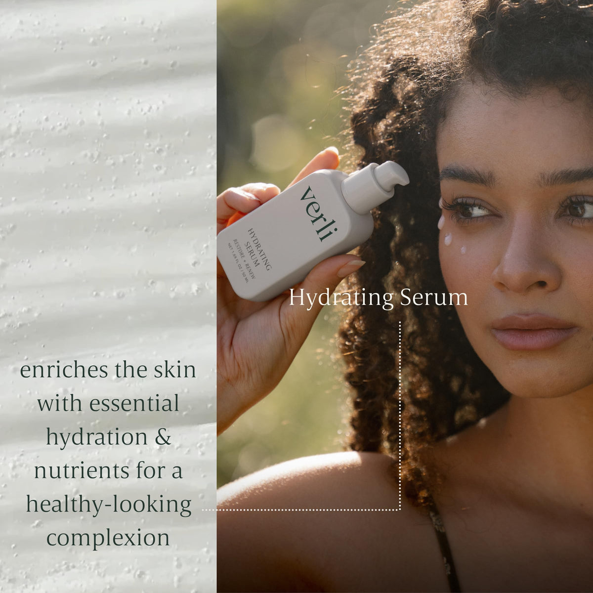 Verli serum on fingertip ready to apply, shows lightweight spreadability and quick-absorb benefit