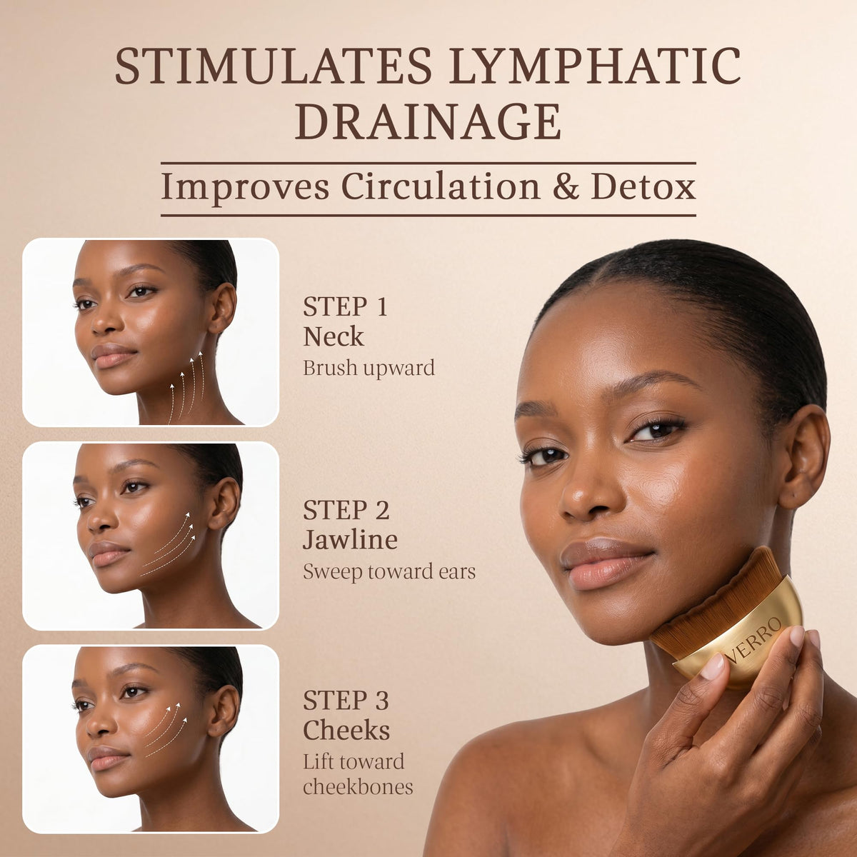 VERRO brush used on cheek to demonstrate de-puffing strokes for refreshed look benefit
