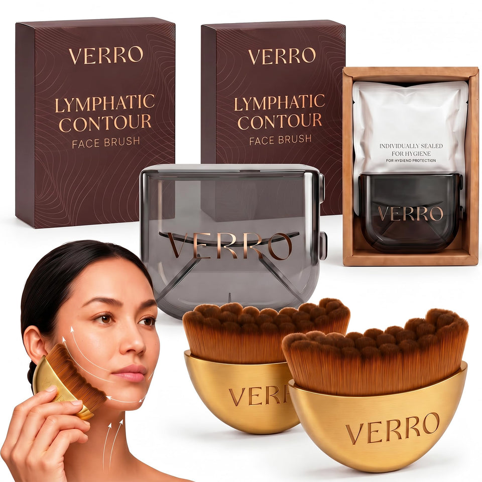 VERRO face brush front packaging showing hygienic sealed pair and travel cases benefit